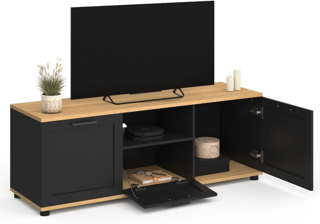 Mueble TV VITO con cajón y hornacina negros y tapa de madera de 110 cm