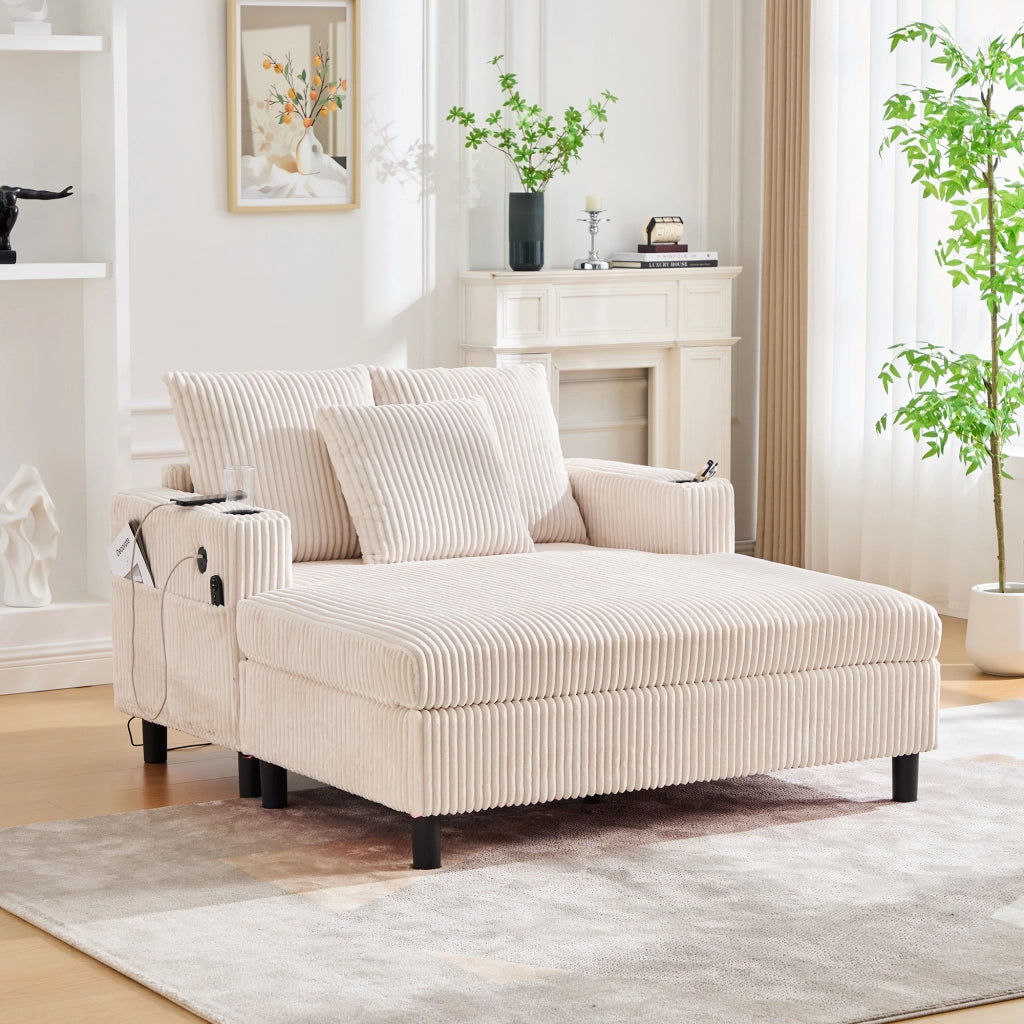 Poltrona Chaise Longue con LED; Porte USB e Portabicchieri; in Velluto a Coste Beige; 142 × 128 × 85 cm