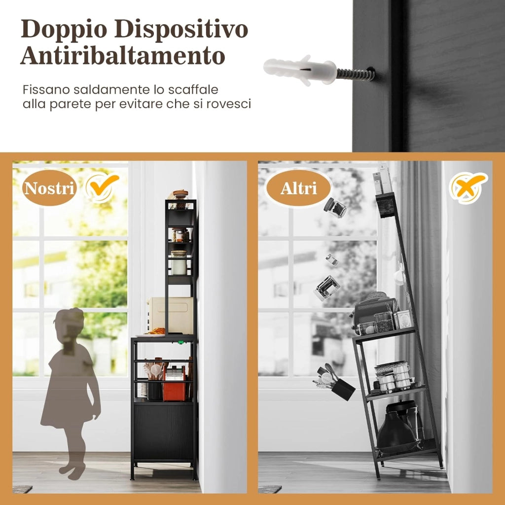 Scaffale da Cucina con Multipresa, Scaffale per Microonde su 5 Ripiani, Mensola da Cucina con 4 Ganci e 9 Portabottiglie di Vino per Sala Pranzo, 107 x 37 x 160 cm (Nero)