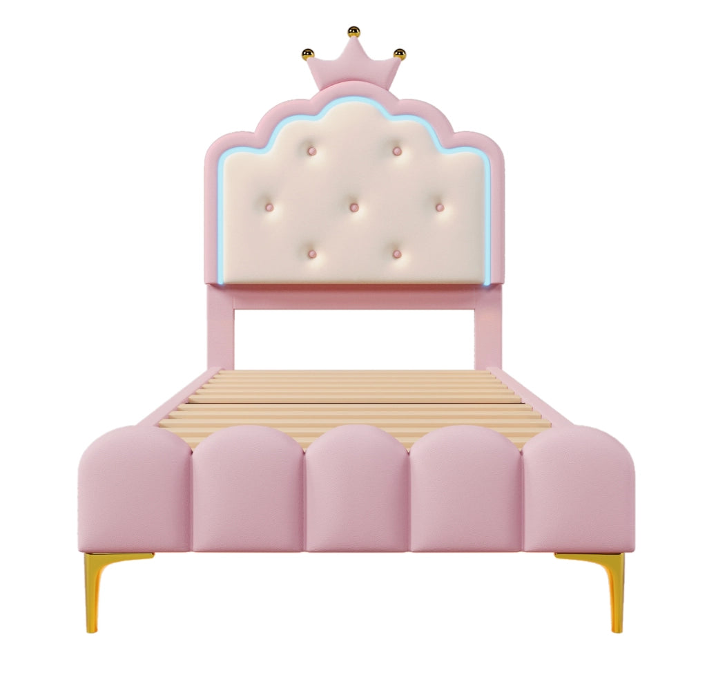 Letto imbottito 90x200 cm; luci LED regolabili; PU; rosa (Senza materasso)