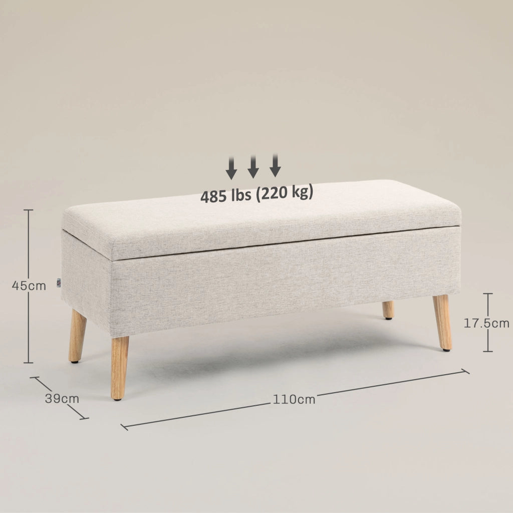 Panca contenitore imbottita scandinava con seduta ribaltabile e vano portaoggetti, in tessuto effetto lino beige