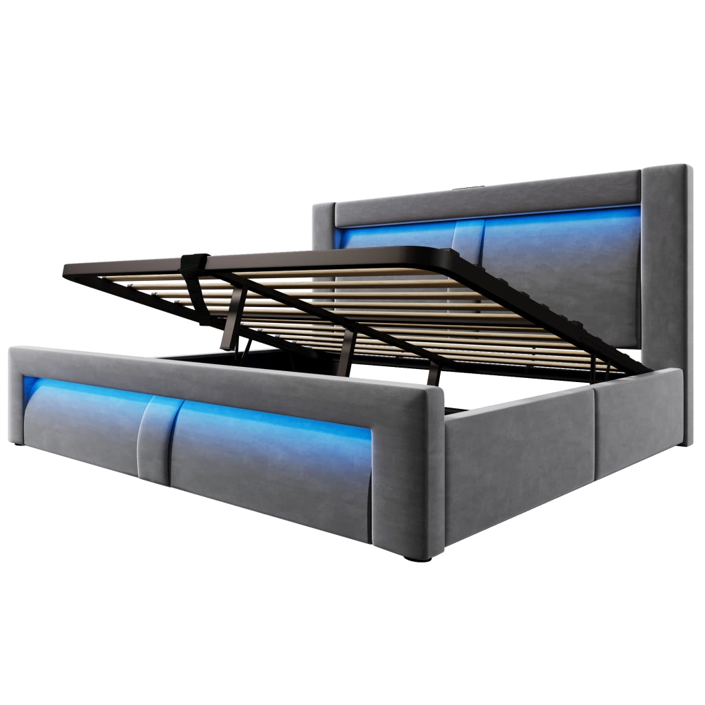 Letti contenitori 160x200 cm con contenitore; LED e ricarica USB; velluto; grigio (Senza materasso)