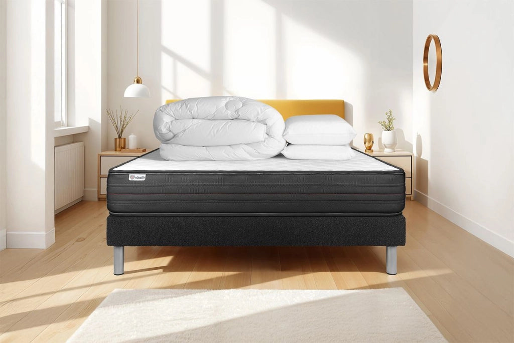 Pacchetto letto completo - Materasso 140x190cm + Box spring con doghe (in kit) + 2 cuscini + Piumino - Vitalpower