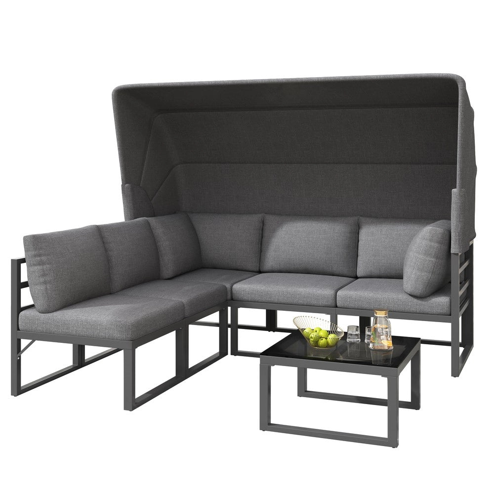Set Lounge da Giardino con Pouf e Tavolino, Parasole e Cuscini ¨C Xylo ¨C Grigio, 4 Pezzi