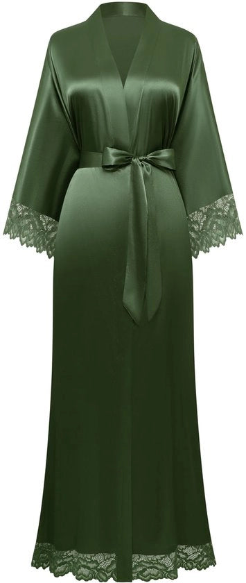Camicia da camera per donne, kimono da bagno con maniche lunghe, pure colore, con inserti di seta e cotone, kimono da donna per estate, (colore verde scuro)