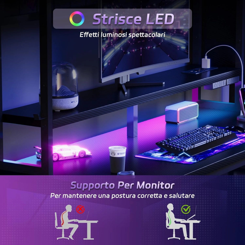 Scrivania Da Gaming Angolare Con LED E Prese, 120 cm, Arredamento Per Ufficio, Con Ganci E 2 Cassetti In Tessuto, Ideale Per il Telelavoro E I Videogiochi, Nera