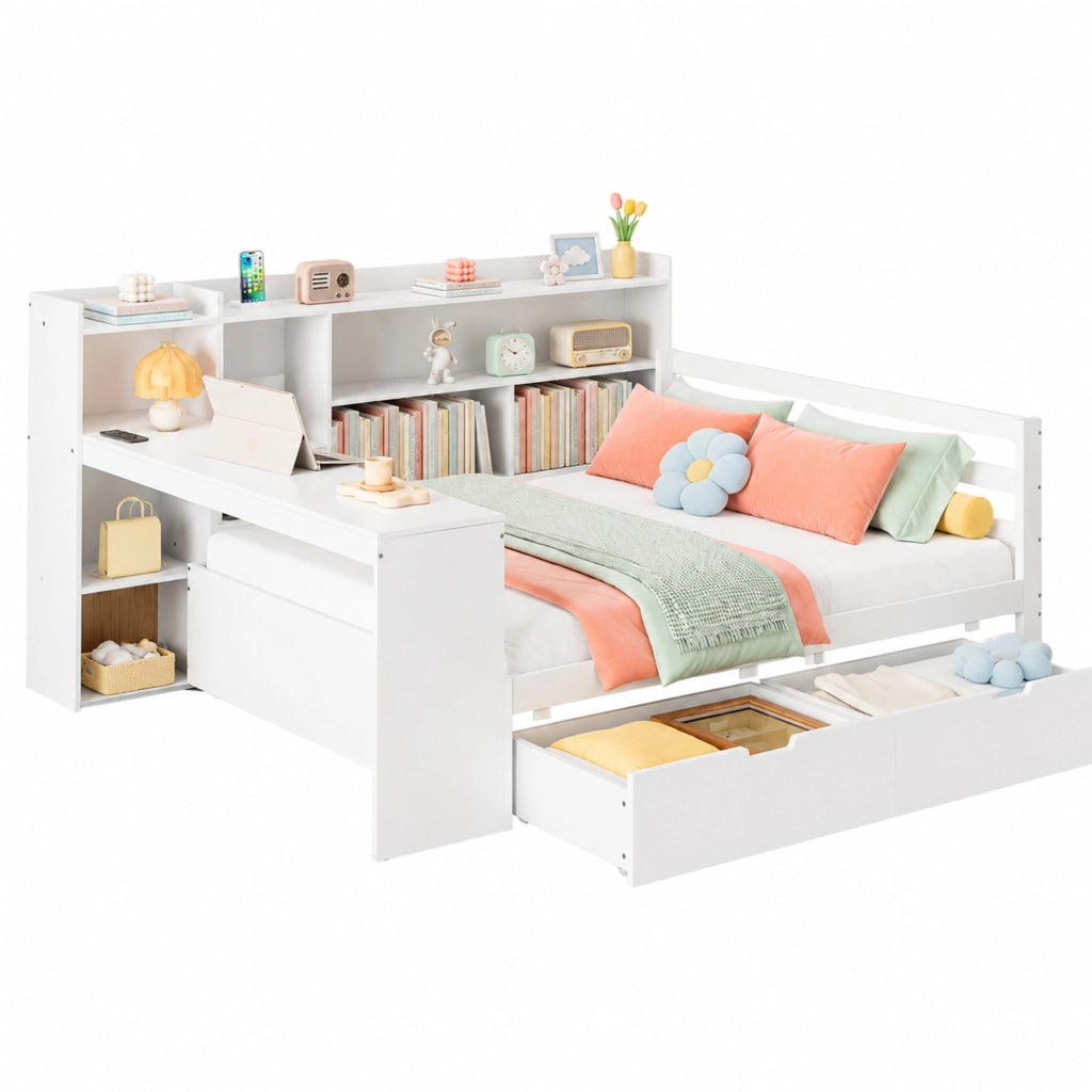 Divano letto multifunzionale con scrivania; libreria e prese USB; 140x200 cm; bianco