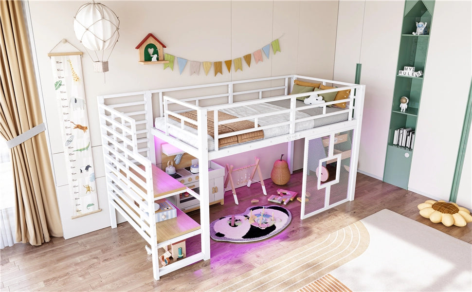 Letto a soppalco singolo 90 × 200 cm con scala contenitore, LED e finestre, senza materasso, bianco