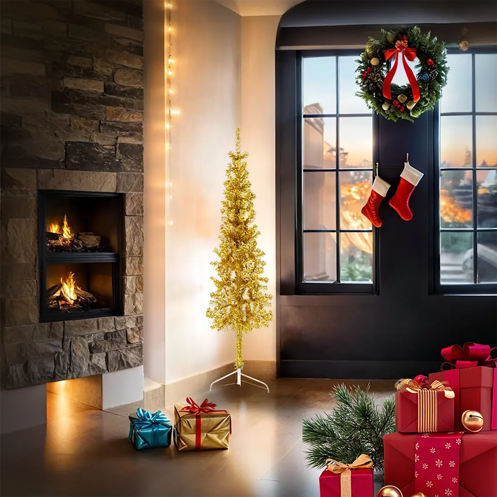 Albero Natale Artificiale Sottile a MetÃ  con Supporto Oro 150cm