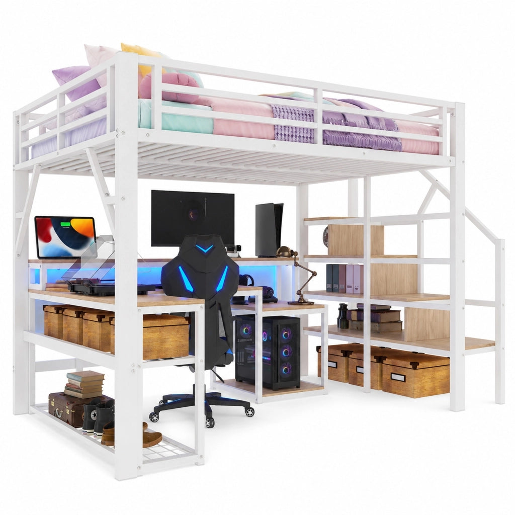 Letto a soppalco 140x200 cm con scrivania LED e USB bianco
