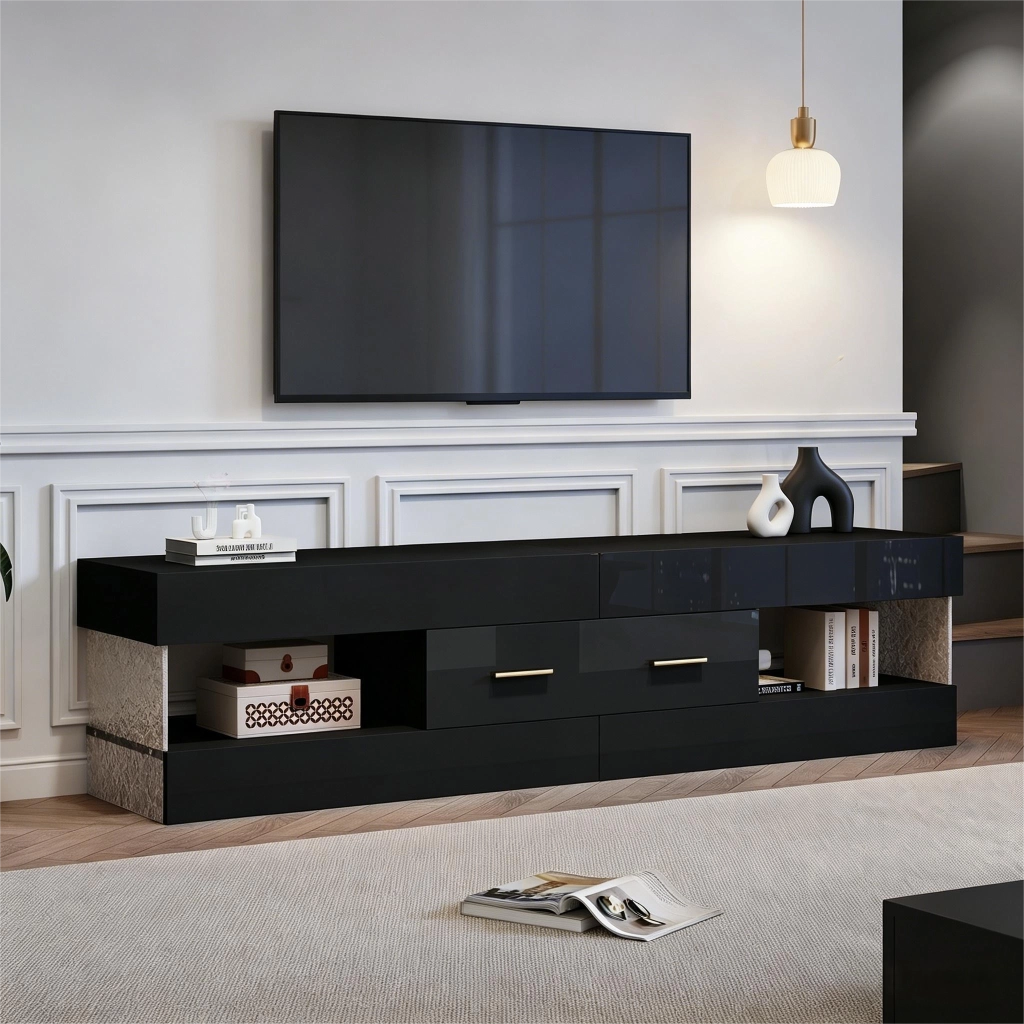 MOBILE TV 152x35x40 cm Nero in pannello di legno con LED