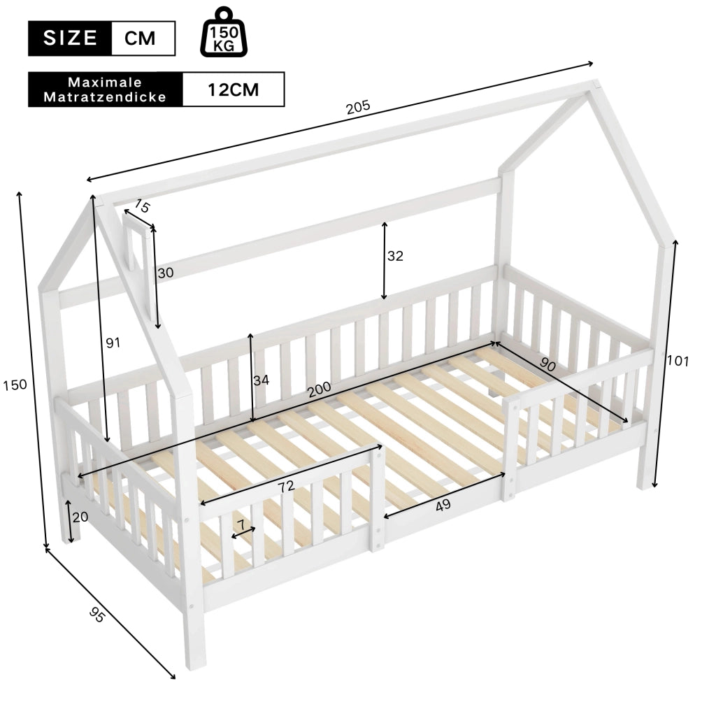 OKWISH Letto a Casetta 90×200 cm, Letto Singolo con Tetto, Spondine e Rete, senza Materasso, in Pino, Bianco