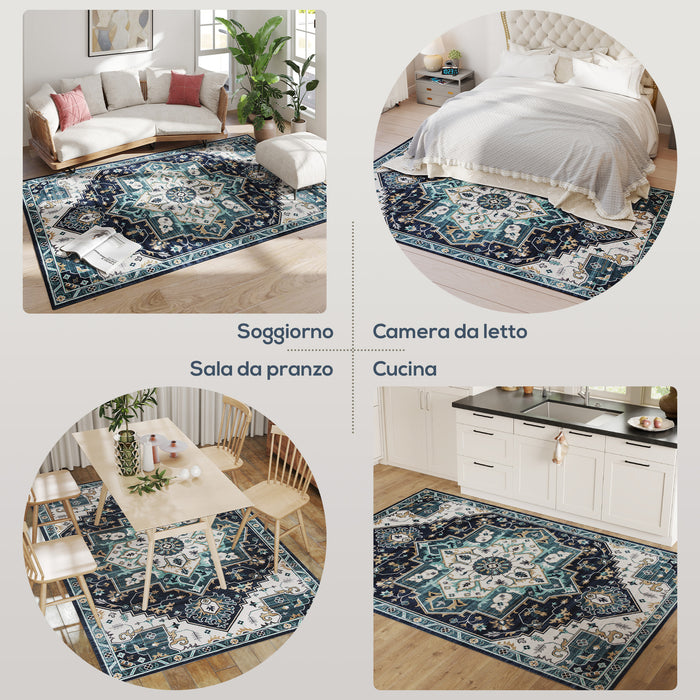 Tappeto Boho Antiscivolo e Lavabile 230x160 cm a Pelo Corto in Effetto Cashmere Blu