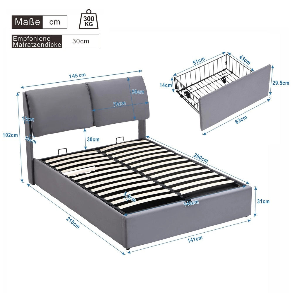 Letto Contenitore Imbottito con Testiera ¨C MINIMAL ¨C Velluto Grigio 140x200 cm