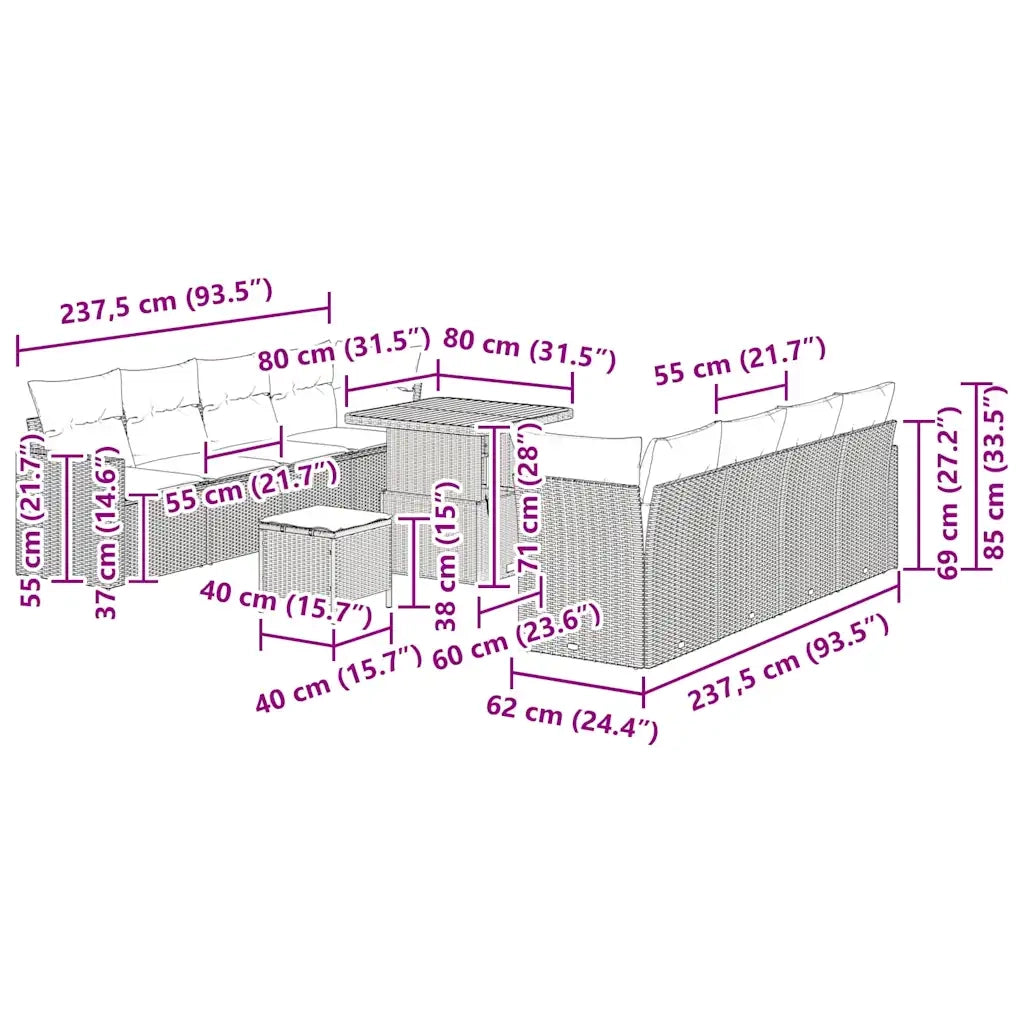 Set Divano da Giardino 11 pcs Grigio polyrattan 3361588