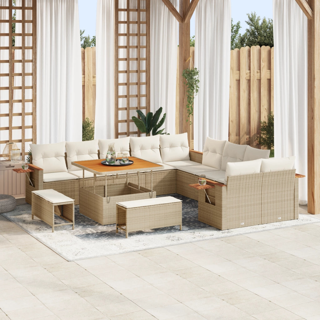 Set di divani giardino  13 pezzi con cuscini beige polyrattan acacia