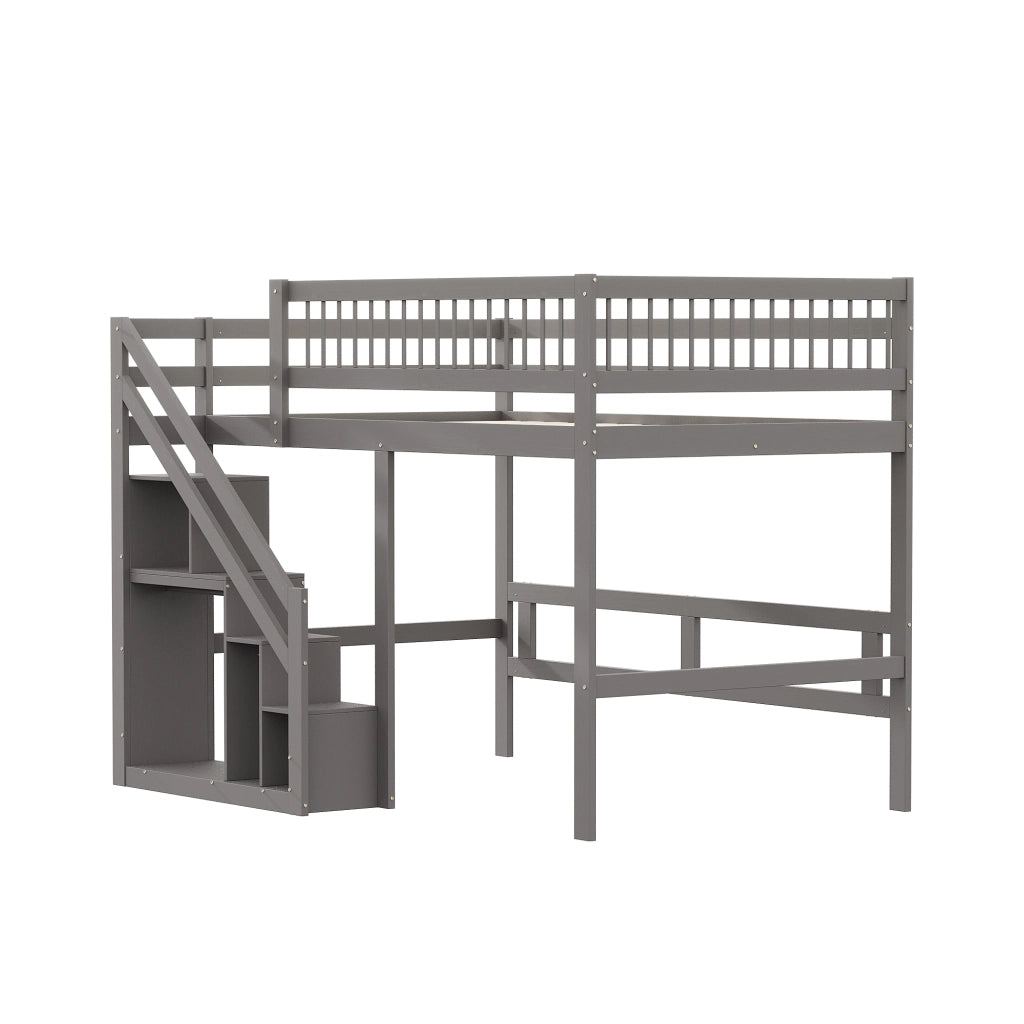 OKWISH Letto a soppalco 140×200 cm, Letto Matrimoniale con Scala Contenitore, 3 Armadietti e Sponda Alta, senza Materasso, Grigio