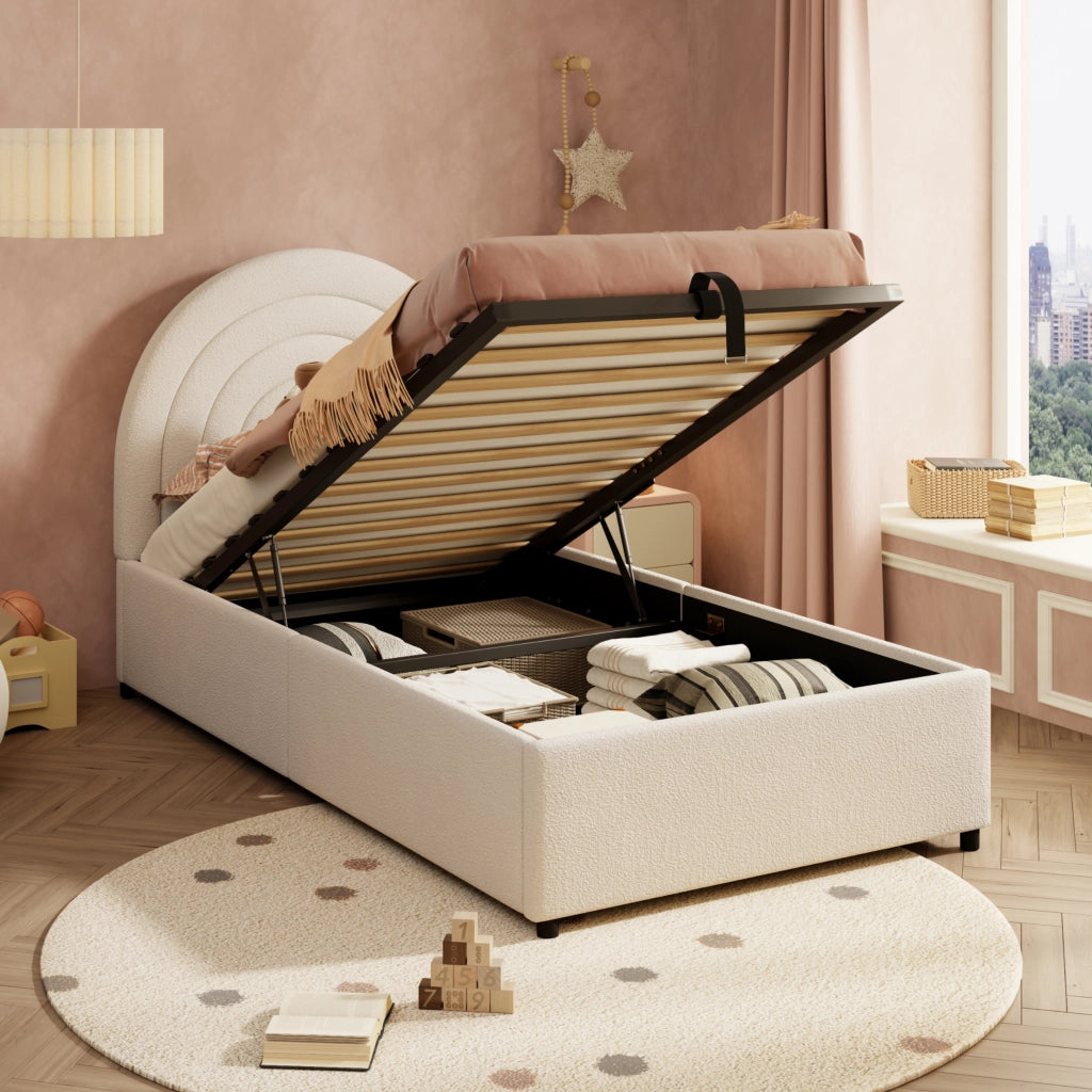 Letto Singolo 90x200 cm con Contenitore; Testiera Imbottita; Bouclé Beige