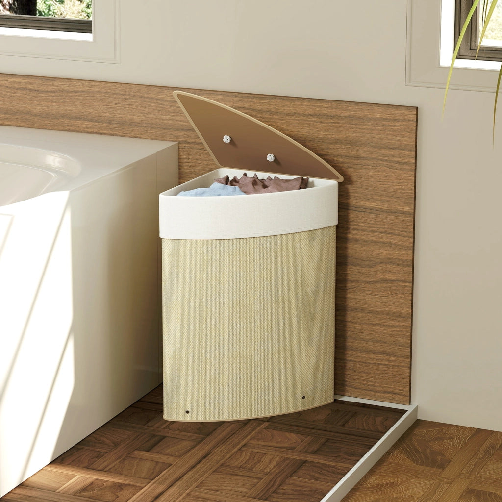 Cestino Angolare per Biancheria in Bamb¨´ 55L ¨C Zephmum ¨C 35x35x60 cm Crema