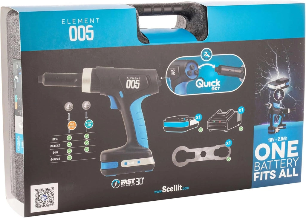 Rivettatrice a batteria Brushless Element 005 con 1 Batteria 18V 2AH + Caricabatterie