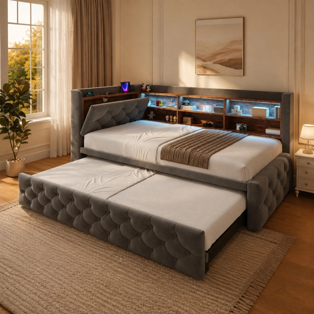 Divano letto estraibile 90 × 190 cm con bracciolo contenitore; LED; USB e Type-C; velluto grigio scuro