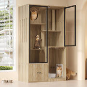 Mobile contenitore per gatti a più livelli con porta bloccabile e vetro, per interni, naturale, 90 × 50 × 160 cm