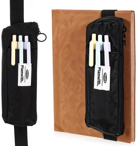 Pen taccagiò per quaderno, contenitore per penne per quaderno, custodia portatile, cinturino regolabile, contenitore con chiusura a raccatto, pen taccagiò riciclabile per quaderno, diario, libri (nero)