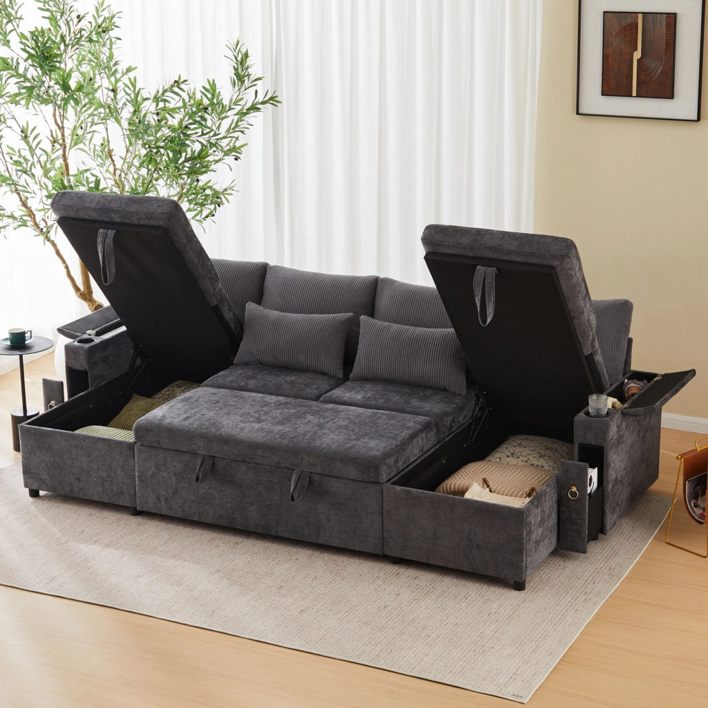 Divano letto modulare a U; 4 posti; con contenitore e portabicchieri; 272 x 131 x 84 cm; grigio