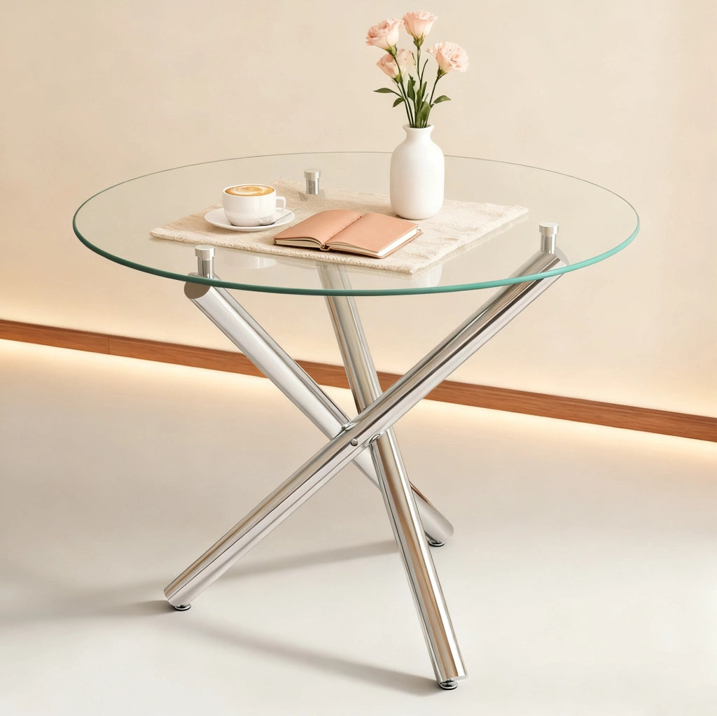Tavolo da pranzo con piano in vetro temperato trasparente e gambe in metallo silver