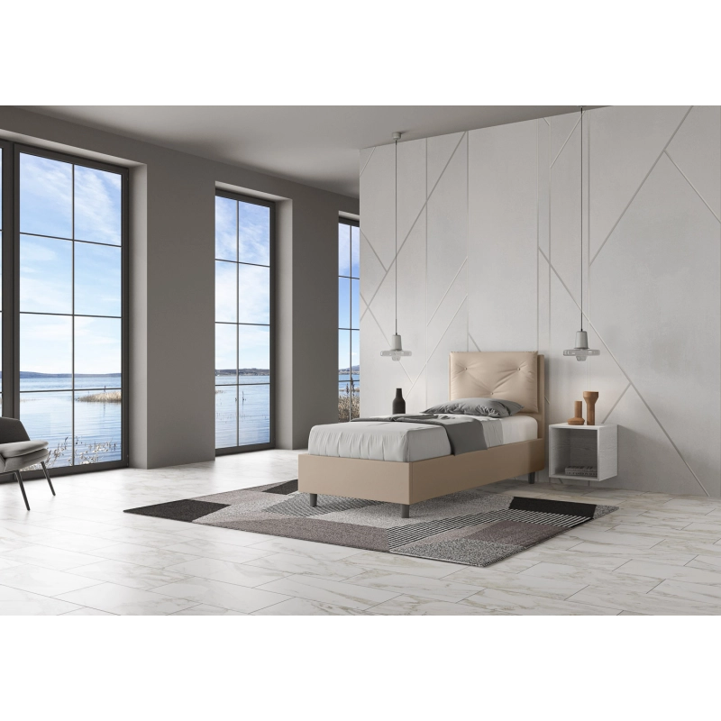 Letto imbottito Singolo 80x210 cm Appia - Similpelle,Tortora,Contenitore