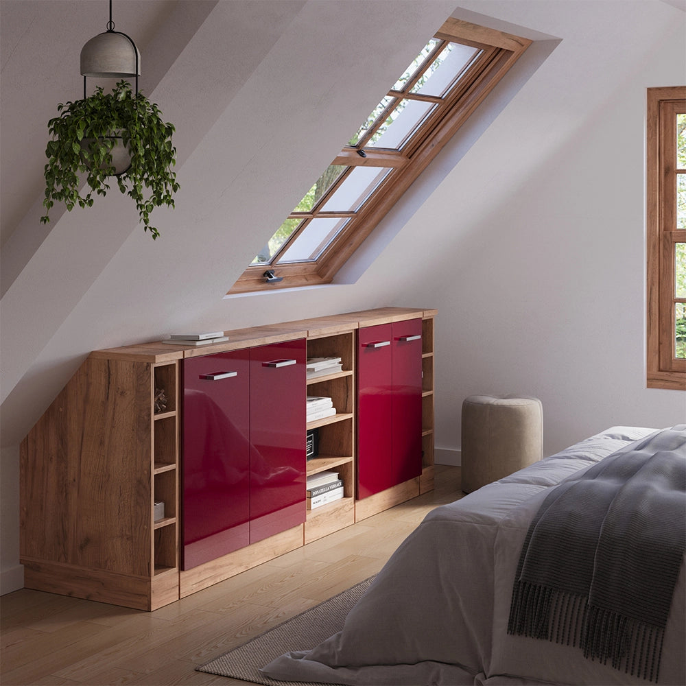 Set di mobili sottotetto Rion Rosso lucido/Rovere dorato 210 cm Set di 5 carcasse armadio profondità 60 cm Vicco