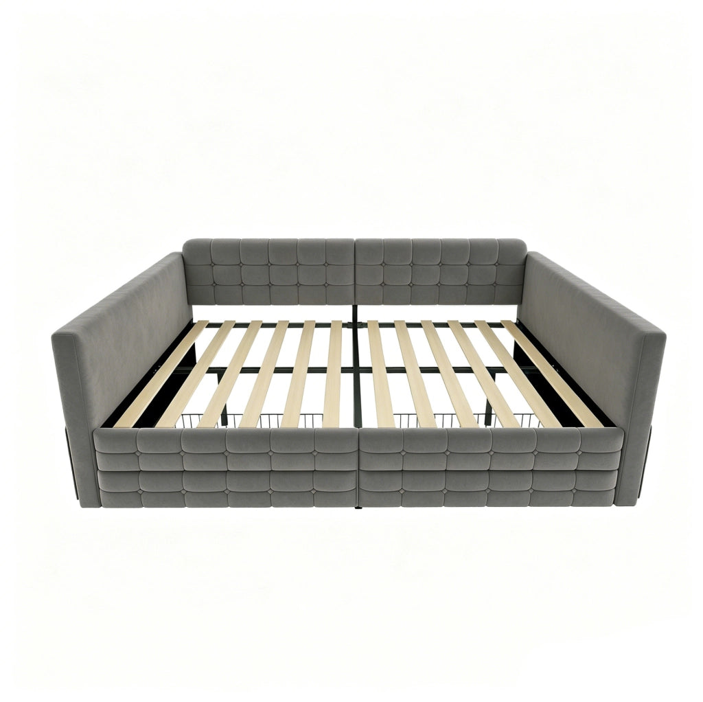Letto imbottito 140x190 cm in velluto grigio con cassetti e tasche laterali