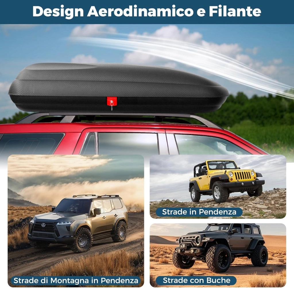 Box da Tetto per Auto XL, Baule Tetto Universale Rigido Impermeabile Super Resistente in Fibra Carbonio e Metallo, Portapacchi per Auto con Chiavi, Capacità 75 kg (169 x 80 x 36,5 cm)