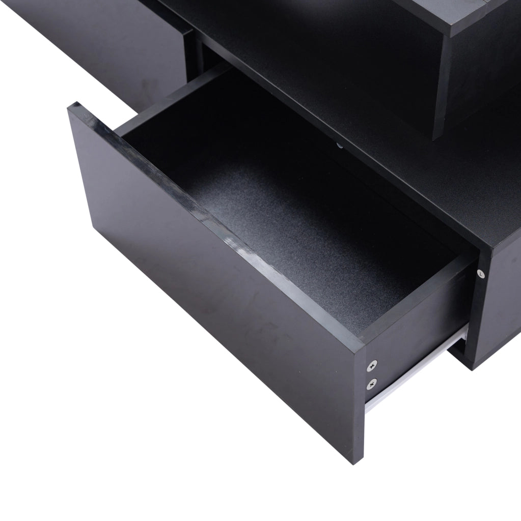 Tavolino da caffè moderno con LED, piano estraibile e 4 cassetti