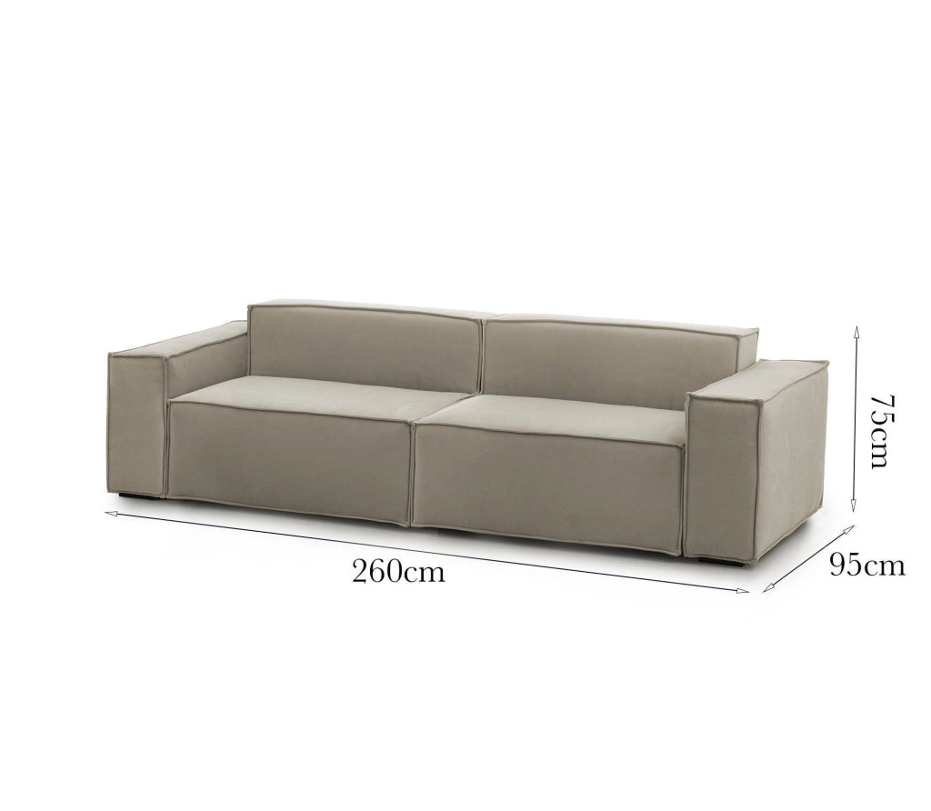 Divano fisso Argo, Divano componibile a 3 posti lineare, Made in Italy, SofÒ  moderno da soggiorno in tessuto, Cm 260x95h70, Tortora