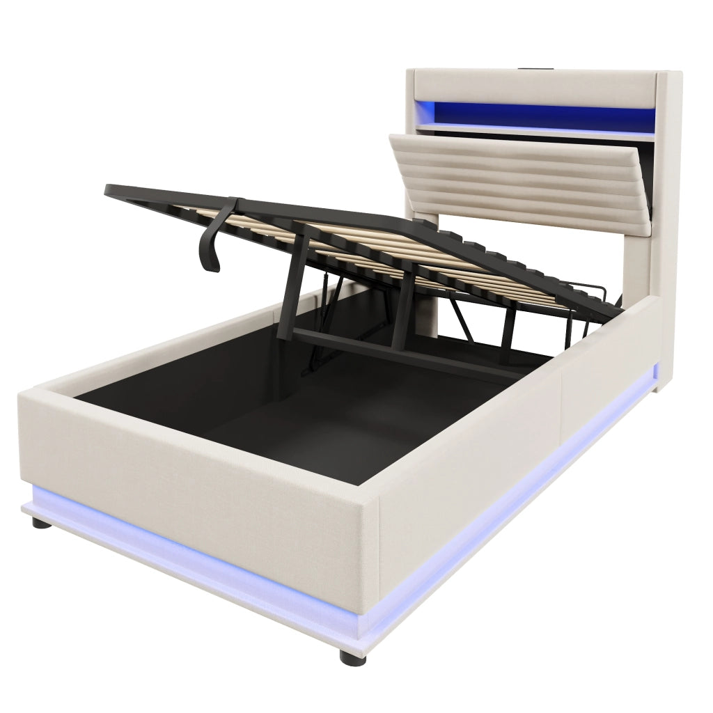 Letto Contenitore Singolo 90x200 cm con USB; Type-C; LED Regolabile e Testiera Beige
