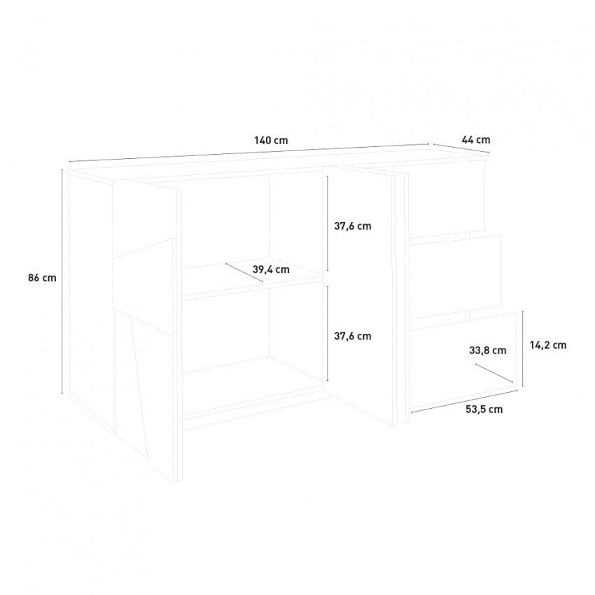 Credenza Moderna a 2 Ante Battenti e 3 Cassetti in Bianco Lucido PING