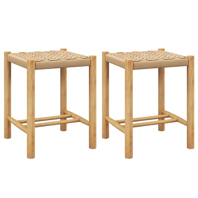2 Sgabelli in legno di gomma con seduta intrecciata in carta, Sgabelli senza schienale Naturale 36x36x45cm-Sgabelli
