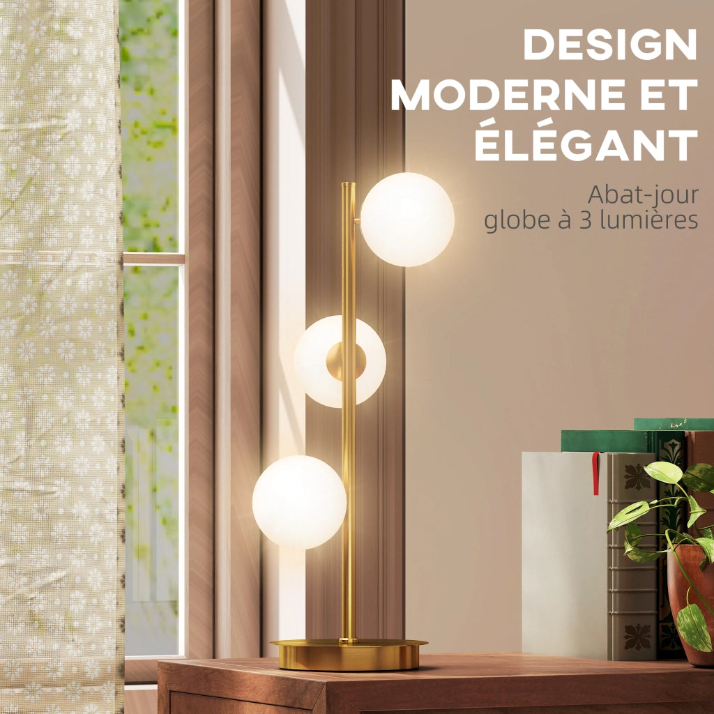 Lampada da comodino con 3 paralumi globo ¨C zephmum ¨C base in acciaio, ottone, H 53 cm