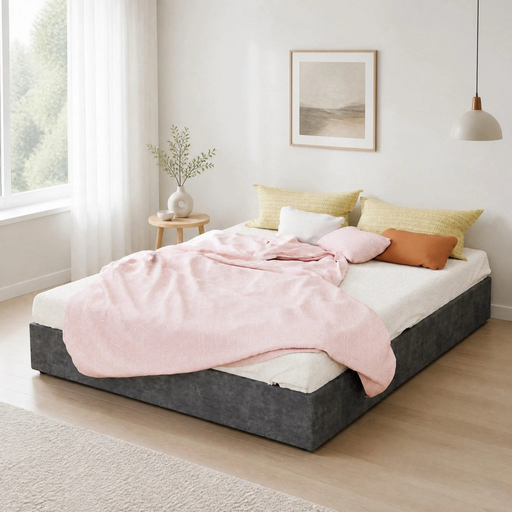 Letto matrimoniale 160x200 cm con testiera geometrica e rete a doghe; grigio