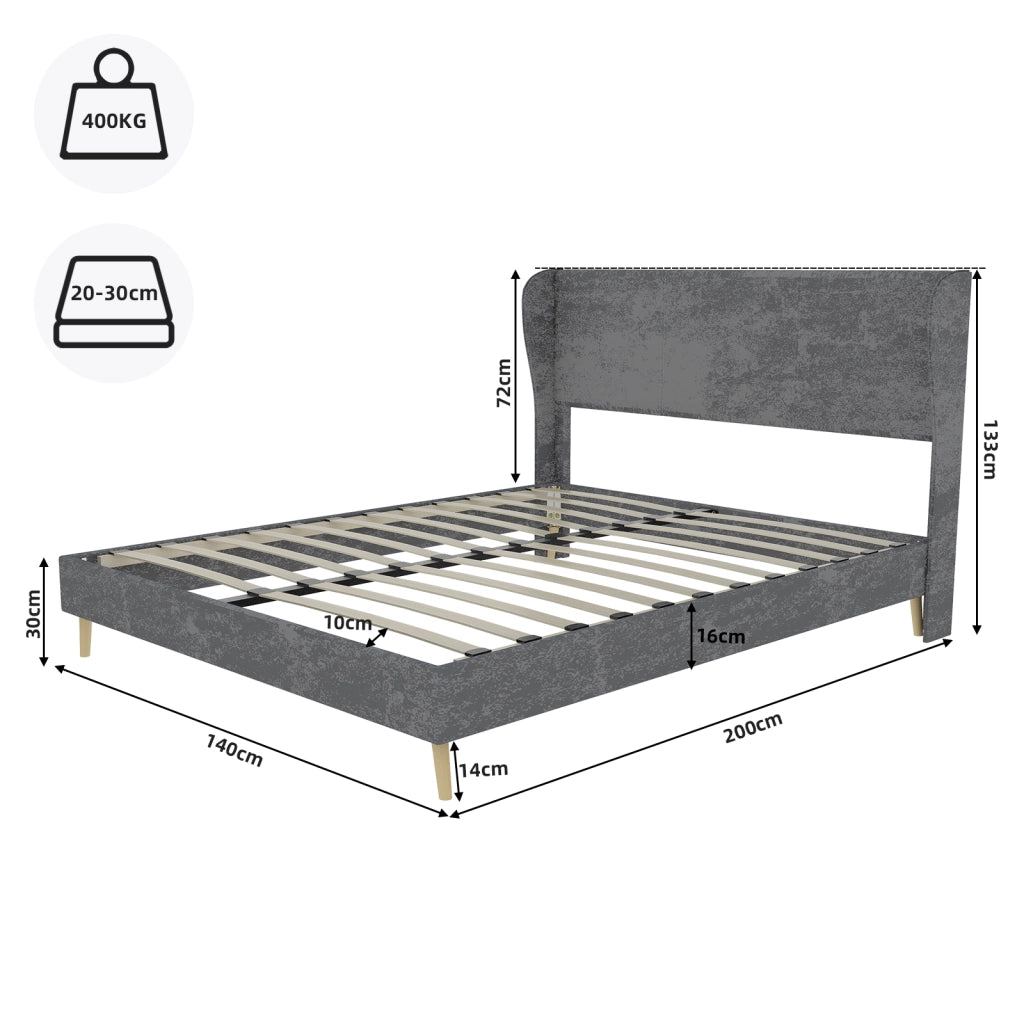Letto Matrimoniale 140 x 200 cm con Testiera Imbottita; Tessuto e Metallo; Grigio