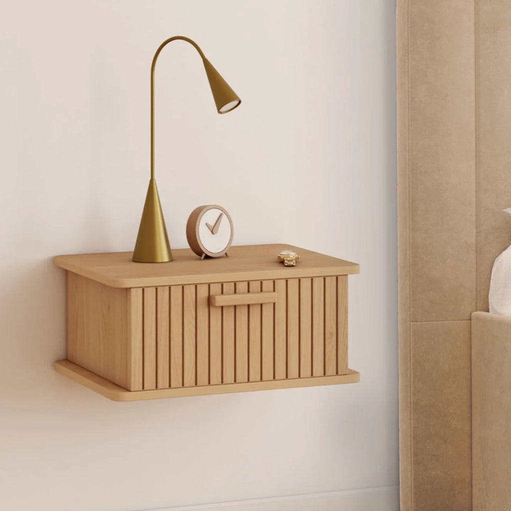 IDMarket - Set di 2 comodini a parete JULIETTE, 1 cassetto, ripiano sospeso, doghe in legno