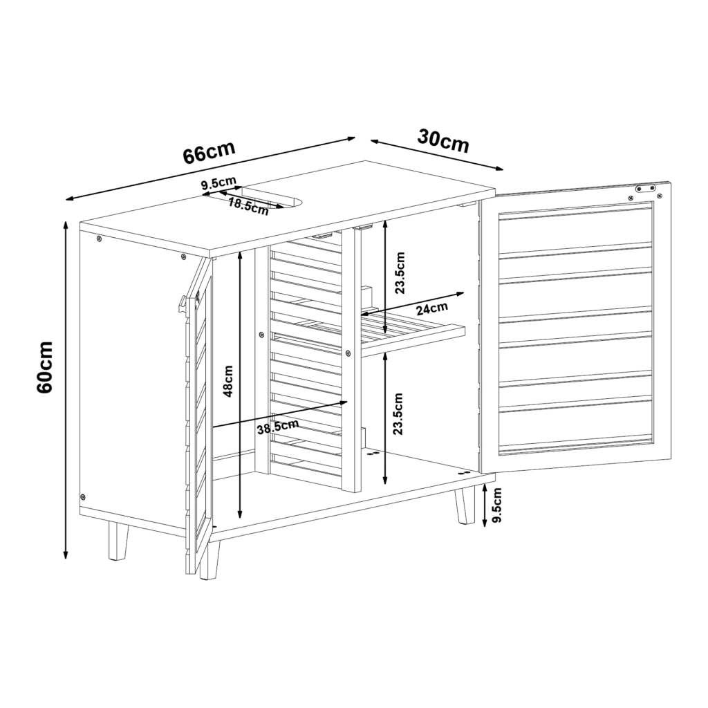 Mobile Sottolavabo da Bagno Epind con Scomparti Chiusi e Ripiano 60 x 66 x 30 cm - Bambù Naturale [en.casa]