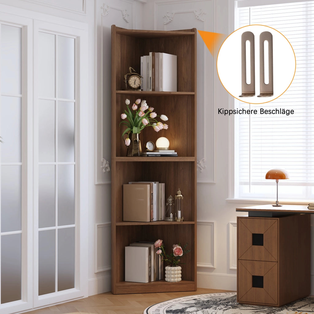 Libreria angolare salvaspazio con ripiani e dispositivo antiribaltamento per soggiorno in MDF noce 55 × 32 × 180 cm