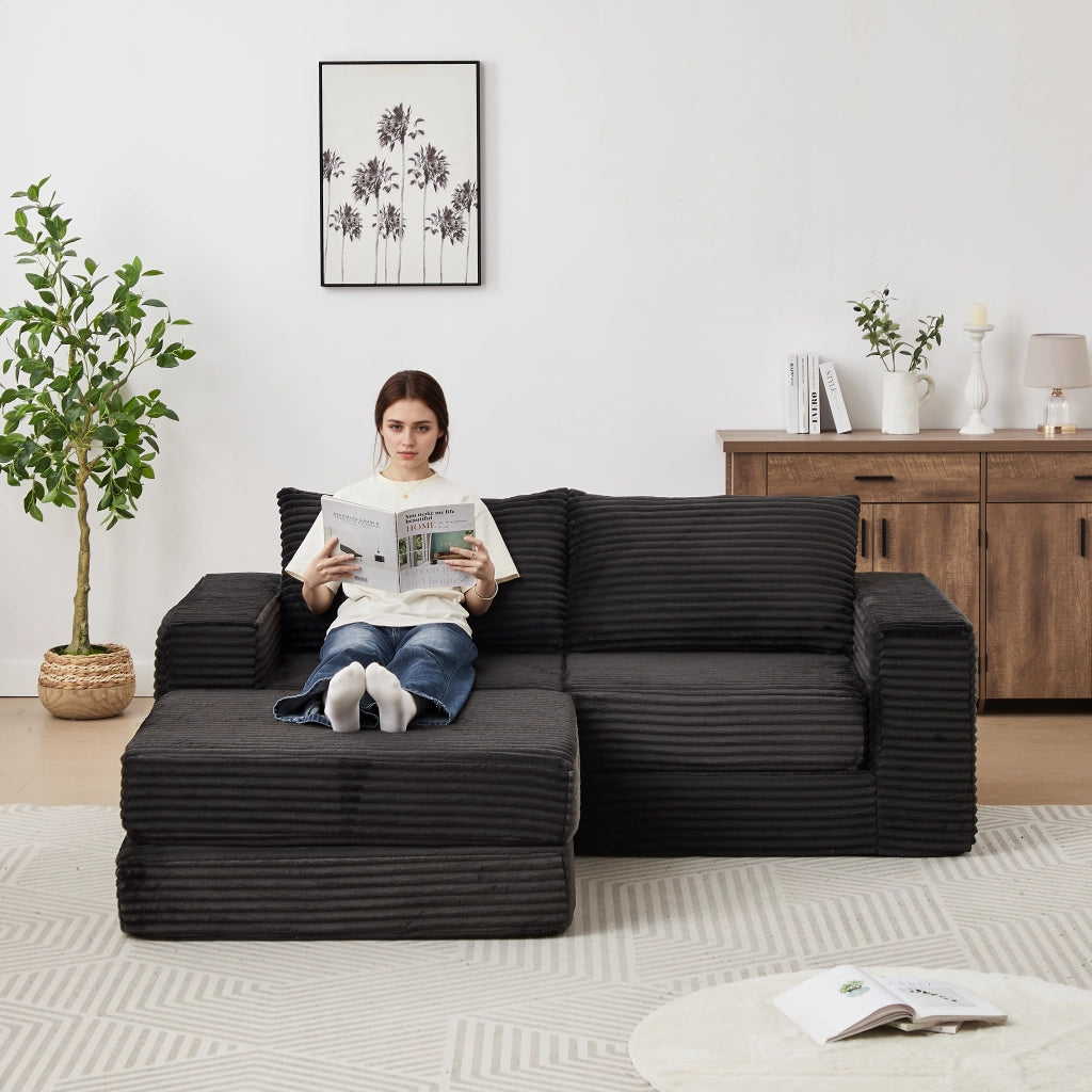 Divano Letto 2 in 1 con Pouf Estraibile e Cuscini ¨C Xylo ¨C Velluto a Coste Modulare