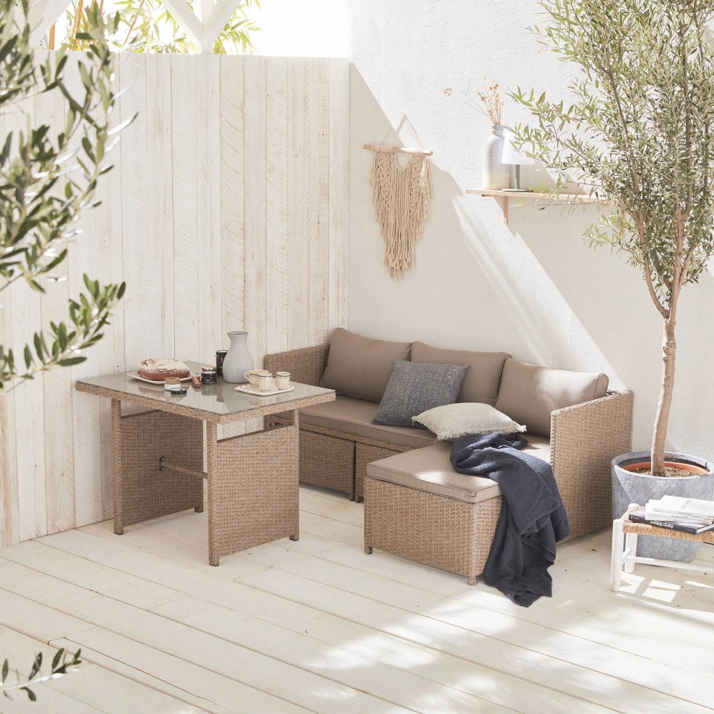 Set tavolo da giardino con pouf a incasso con 6 posti, marrone