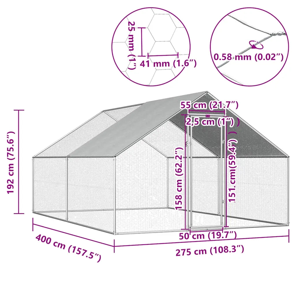 Gabbia per Polli da Esterno 2,75x4x1,92m in Acciaio Zincato 170789