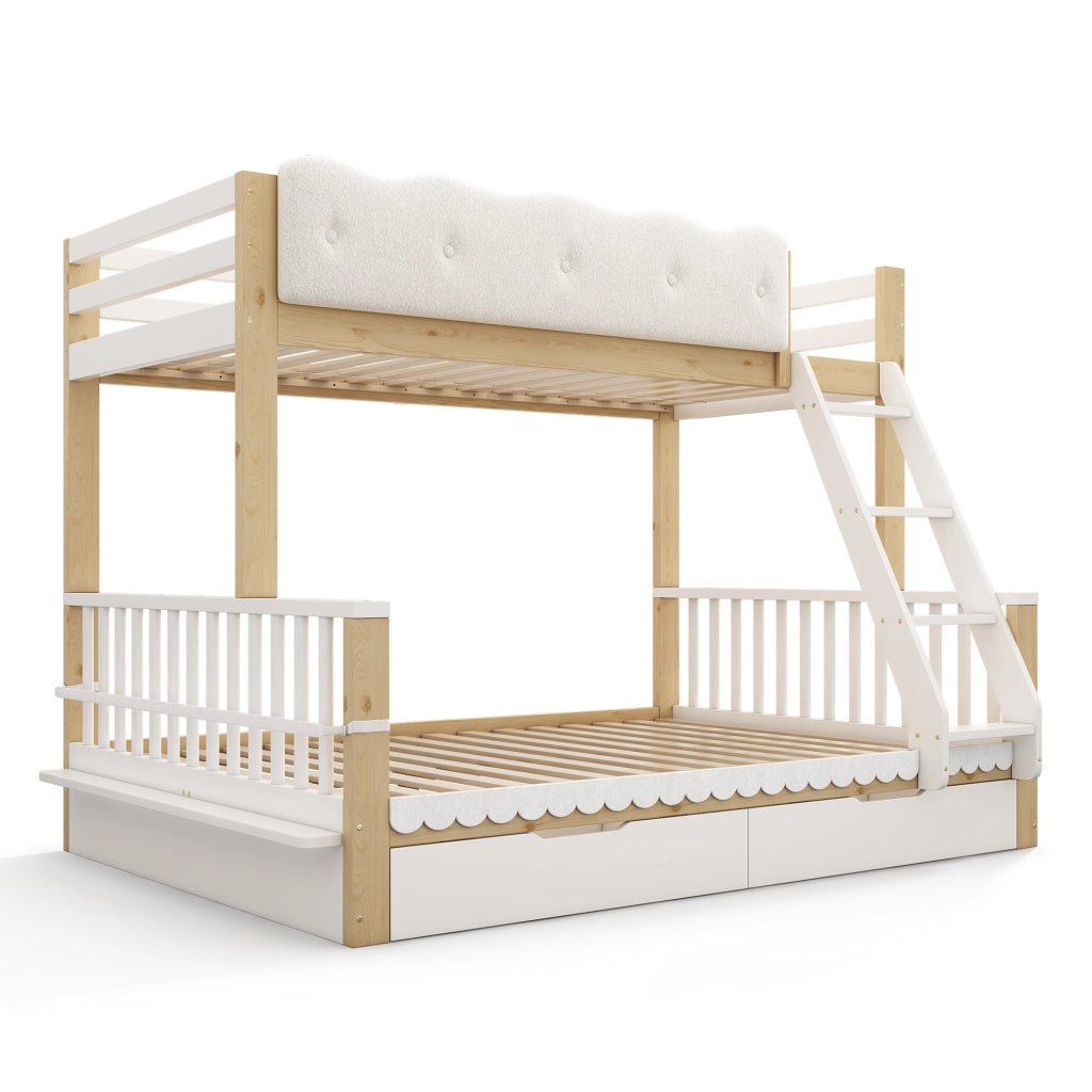 Letto a castello bianco e color rovere 90x200/140x200 cm con 2 cassetti e portariviste