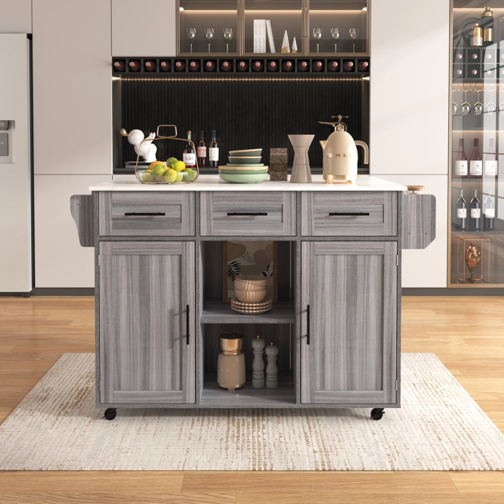 Carrello da cucina con piano ribaltabile 3 cassetti e 3 vani con ripiani regolabili per cucina in MDF grigio