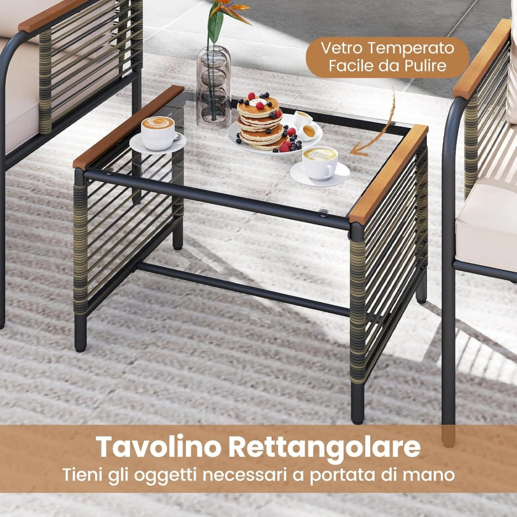 Set Conversazione da Esterno 5 Pezzi con Cuscini, Sedie in Rattan con 2 Pouf e Tavolino da Caffè in Vetro Temperato, Set di Mobili da Esterno per Balcone, Veranda, Terrazza e Giardino (Beige)